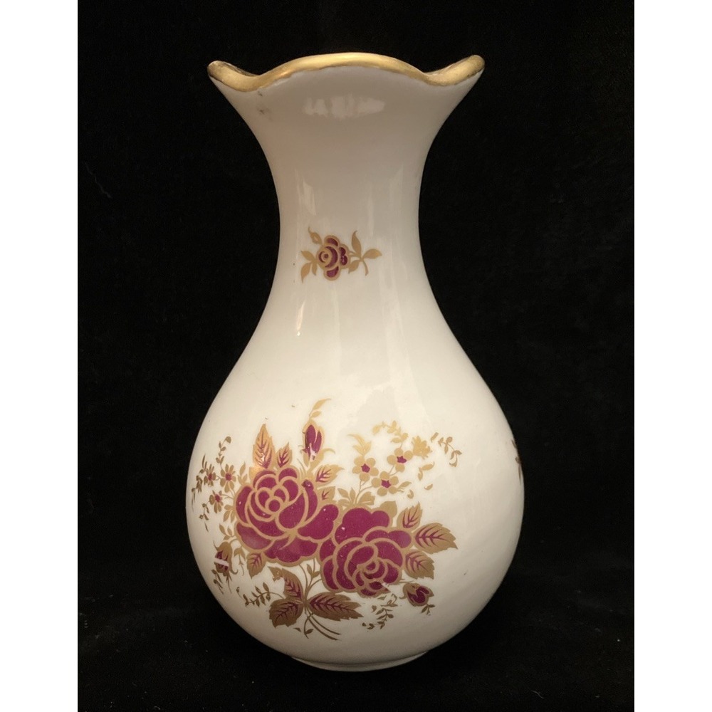 Osborne China 24k Gold Trim Hand Painted Vintage Vase Burgundy Red Yellow Floral